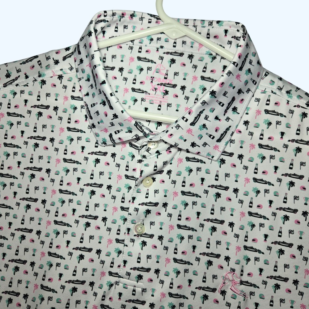 Rhoback Performance Golf Polo Racing Car Palm Tree Print White Mens XXL AOP